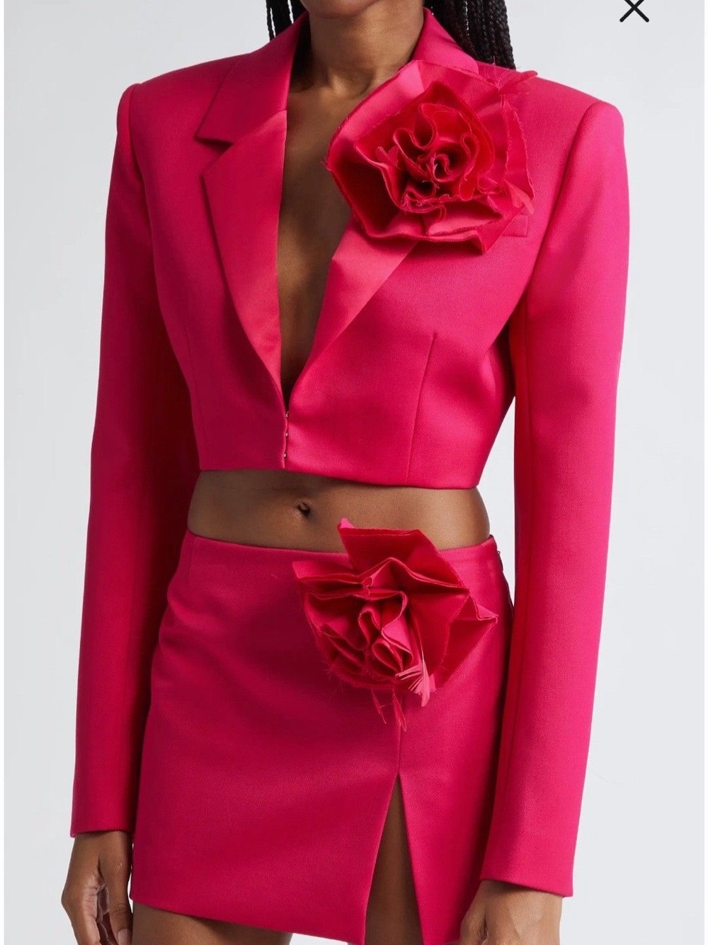 AREA Fuchsia Pink Cropped Blazer with Floral Appliqués